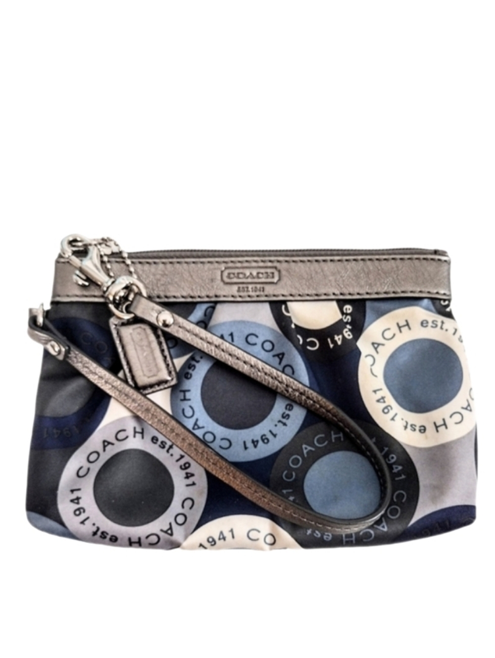 🌀 Coach Alexandra Blue Gray Metallic Silver Snap Head Logo Dot Sateen Wristlet